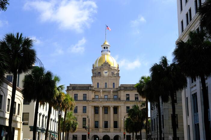 Savannah City Hall, as seen from Johnson Square on Bull Street.
